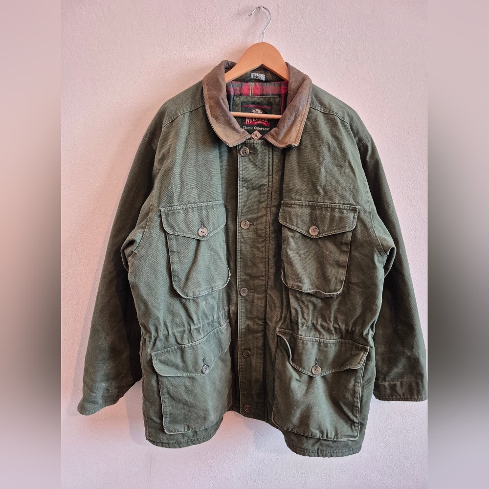 100% Cotton Vintage Barn Chore Jacket With Leather Collar By Wind River Mens Med